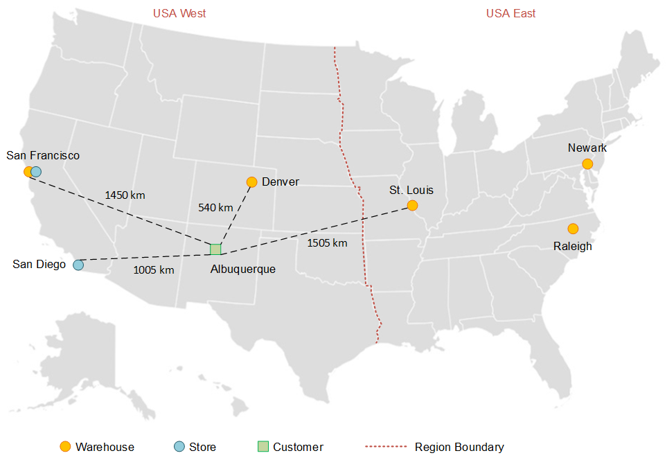 Example: map of United States showing distances between the customer's location and potential fulfillment locations