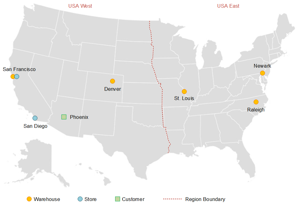 Example: map of United States showing region boundary, fulfillment locations, and customer location