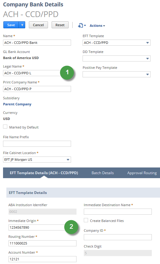 Example Company Bank Details page showing EFT Template Details subtab.