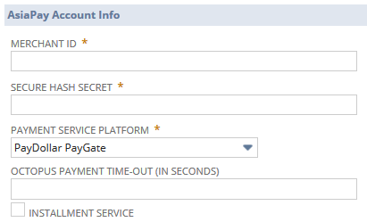 The AsiaPay Account Info section on the AsiaPay Payment Processing Profile form.
