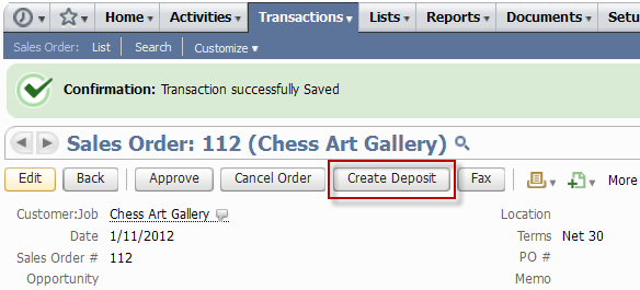 Example of a sales order with location of the Create Deposit button highlighted.