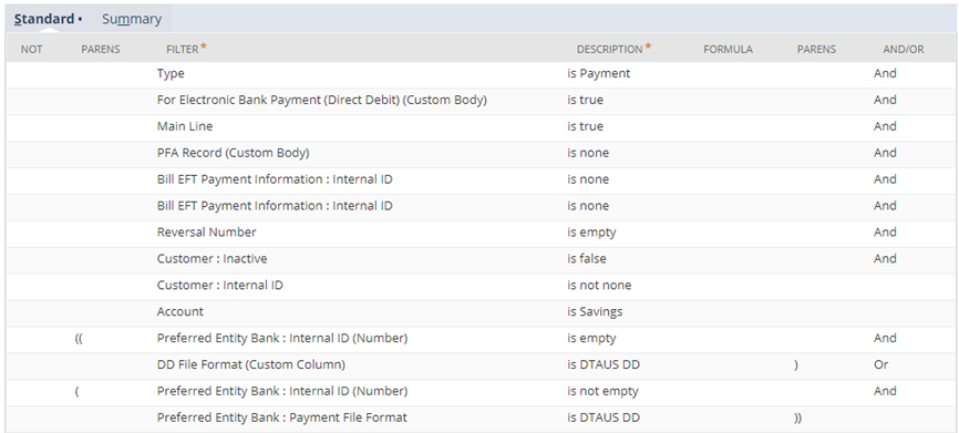 Example of saved search filters for DD shown on the Standard subtab.