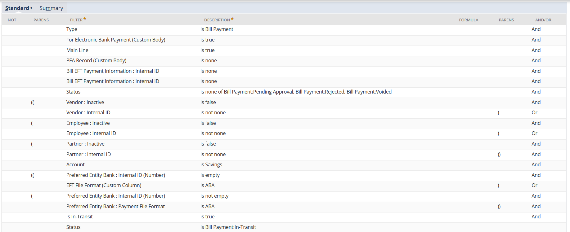 Example of saved search filters for EFT shown on the Standard subtab.