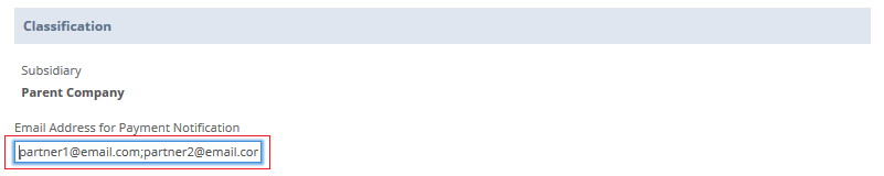 Location of the Email Address for Payment Notification field in the Classification section, on the main tab of the Customer record.