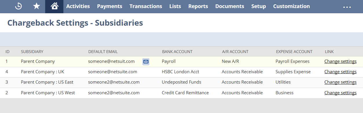 NetSuite home page showing Chargeback Settings - Subsidiaries