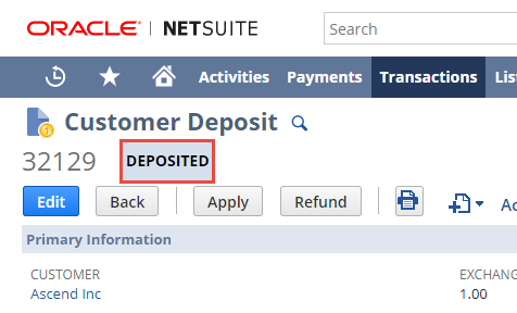Location of the deposit status on the Customer Deposit record.