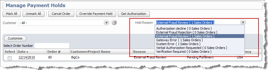 Manage Payment Holds page with the Hold Reason list expanded.