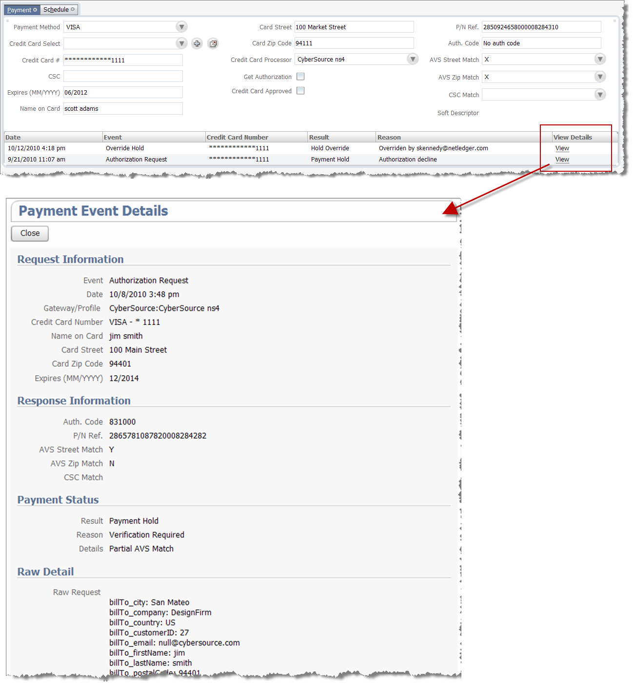 Payment subtab and an example Payment Event Details page.