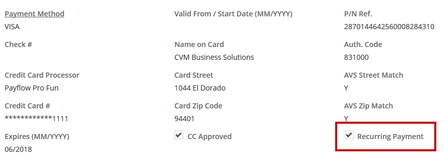 Location of the Recurring Payment box on the Billing subtab.