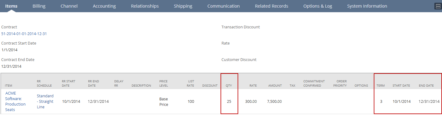 Items subtab on the return authorization showing 1 line item with the Qty highlighted.