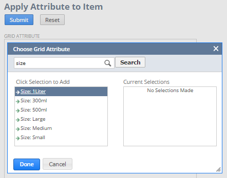 Apply Attribute to Item page showing an example attribute search with results.
