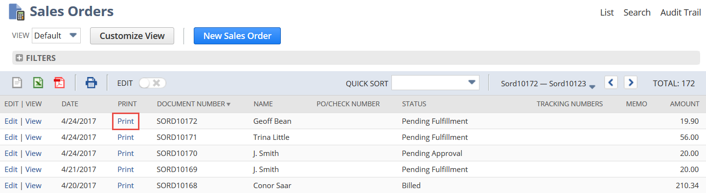 Sales Orders page showing where to click to print.