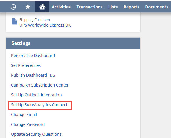 The Set Up SuiteAnalytics Connect option in the Settings portlet.