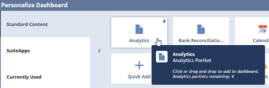 Analytics portlet on the Personalize Dashboard Standard Content tab.