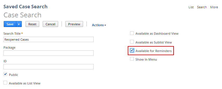 Saved Case Search page with the Available for Reminders box selected.