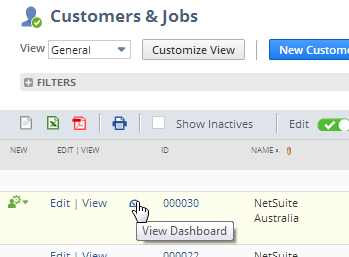 View Dashboard icon on a row in a customer list.