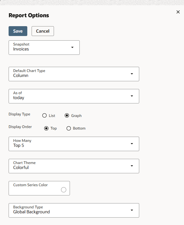 The Report Options popup window.
