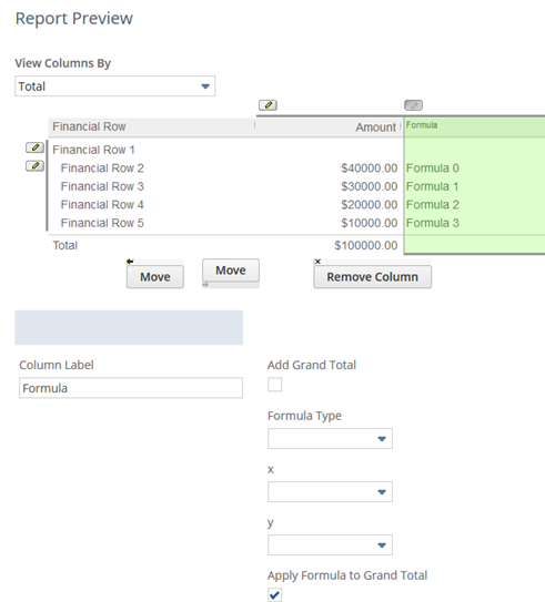 Formula type and components in the Report Preview pane.