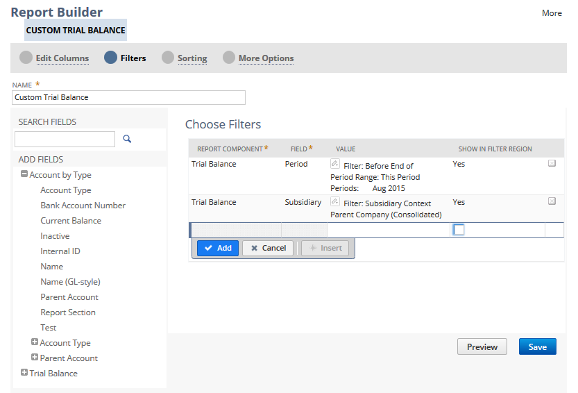 Custom filters selected on the Filters page of the Report Builder.