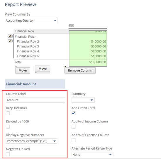 Formatting preferences available on the Edit Columns page of the Report Builder.