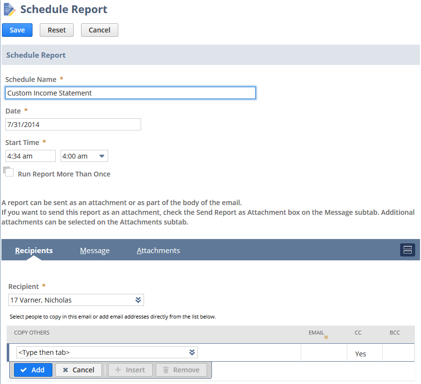 Schedule Report interface.