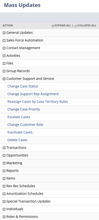 Mass Updates list with the Customer Support and Service category expanded.