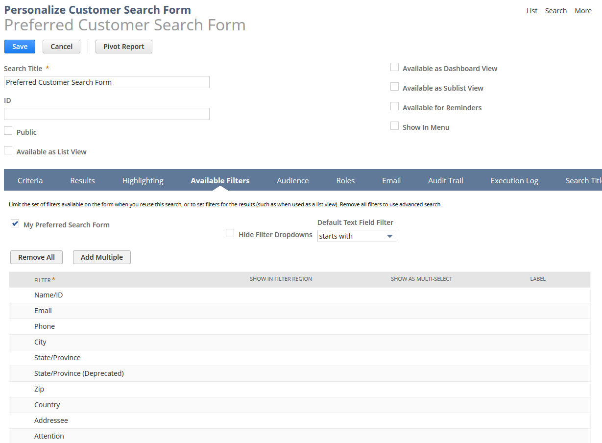 Available Filters subtab on the Personalize Customer Search Form page.