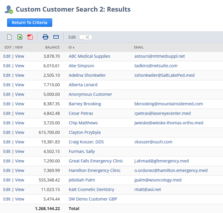 Example customer total search results.