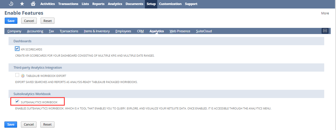 SuiteAnalytics Workbook box on the Enable Features page.