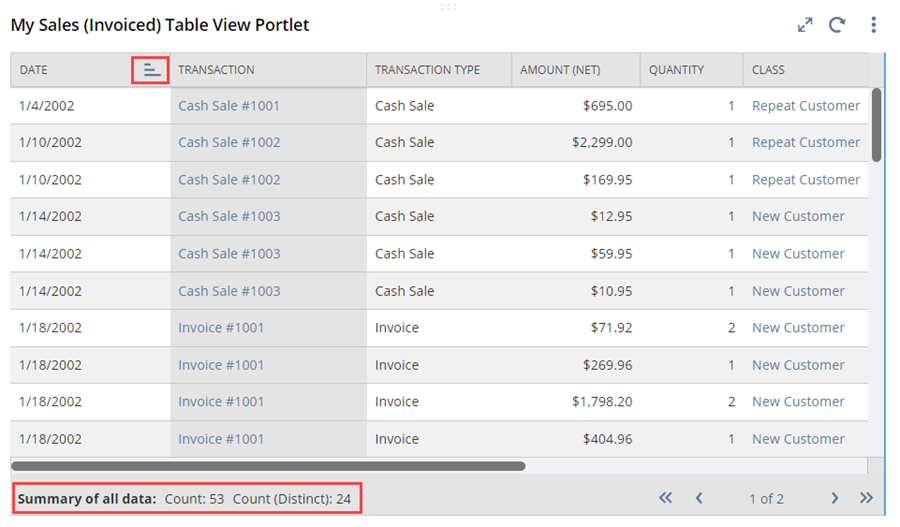 My Sales (Invoiced) Table View portlet.