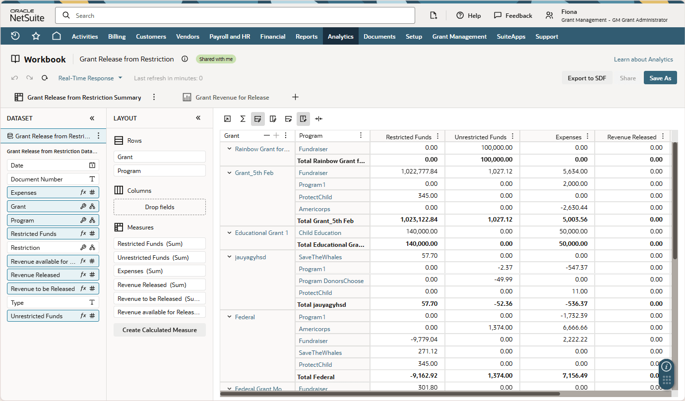 This screenshot shows a portion of the Grant Release from Restriction Workbook.