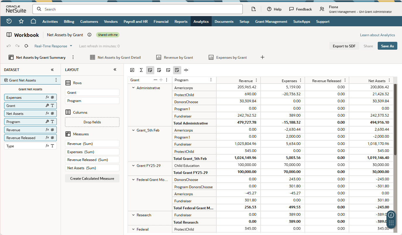 This screenshot shows a portion of the Net Assets by Grant Workbook.