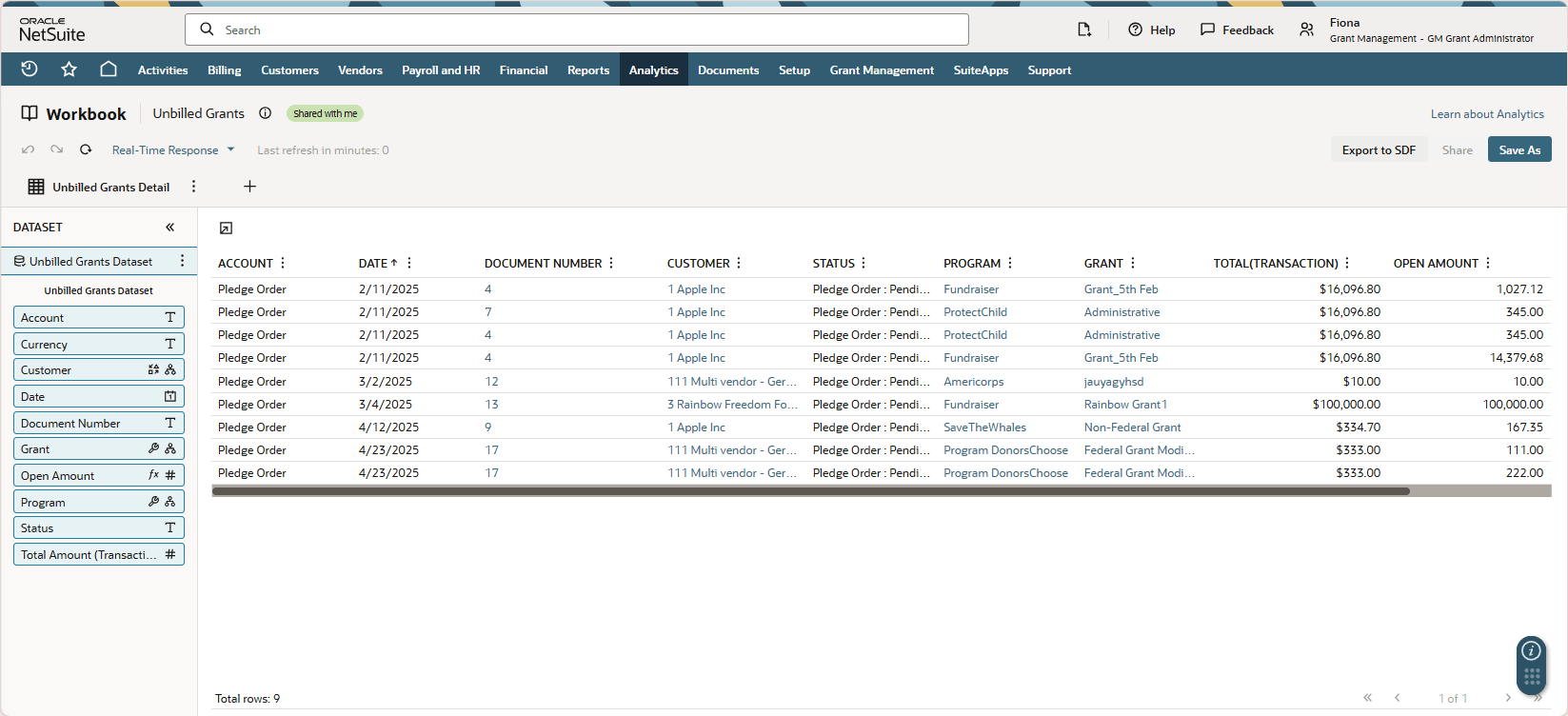 This screenshot shows a portion of the Unbilled Grants Workbook
