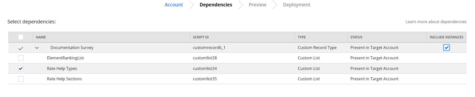 Selecting dependencies to copy on Using Copy to Account page.