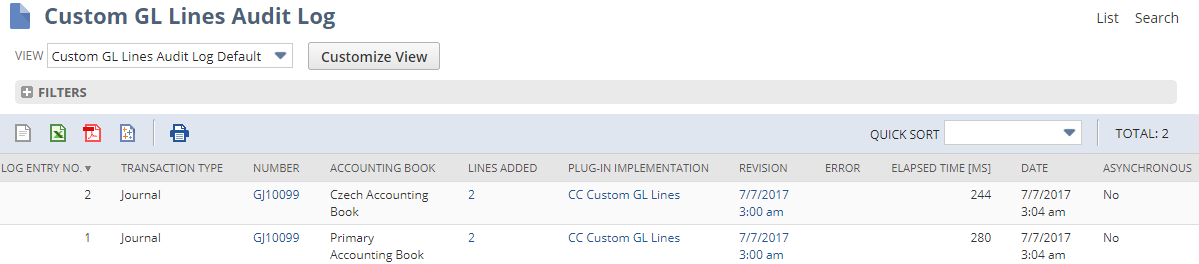 Custom GL Lines Audit Log page