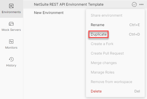 The Manage Environments window with the Copy button highlighted.