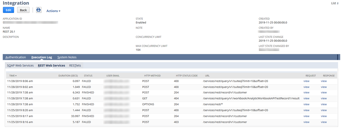 An example of the contents of the REST Web Services Execution Log.