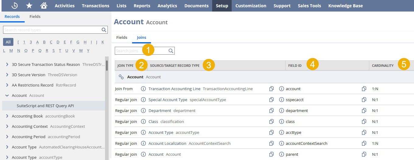 An example of available joins in SuiteScript Analytic API for the Account Record Type.