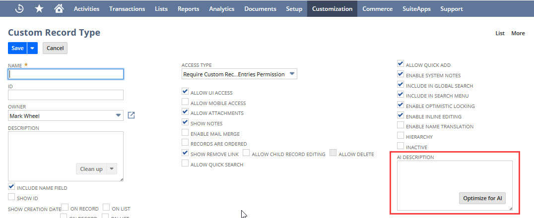 Custom Record Type page highlighting the AI Description field