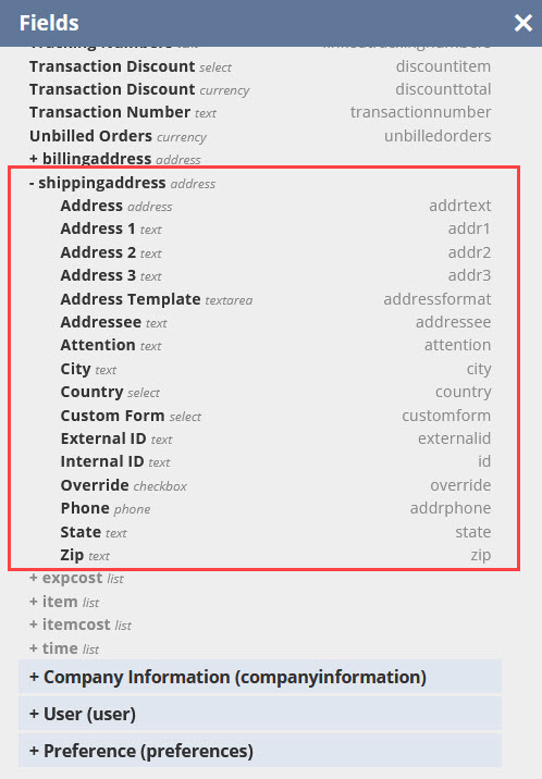 Advanced PDF/HTML Templates Fields list with shipping address fields outlined in red.