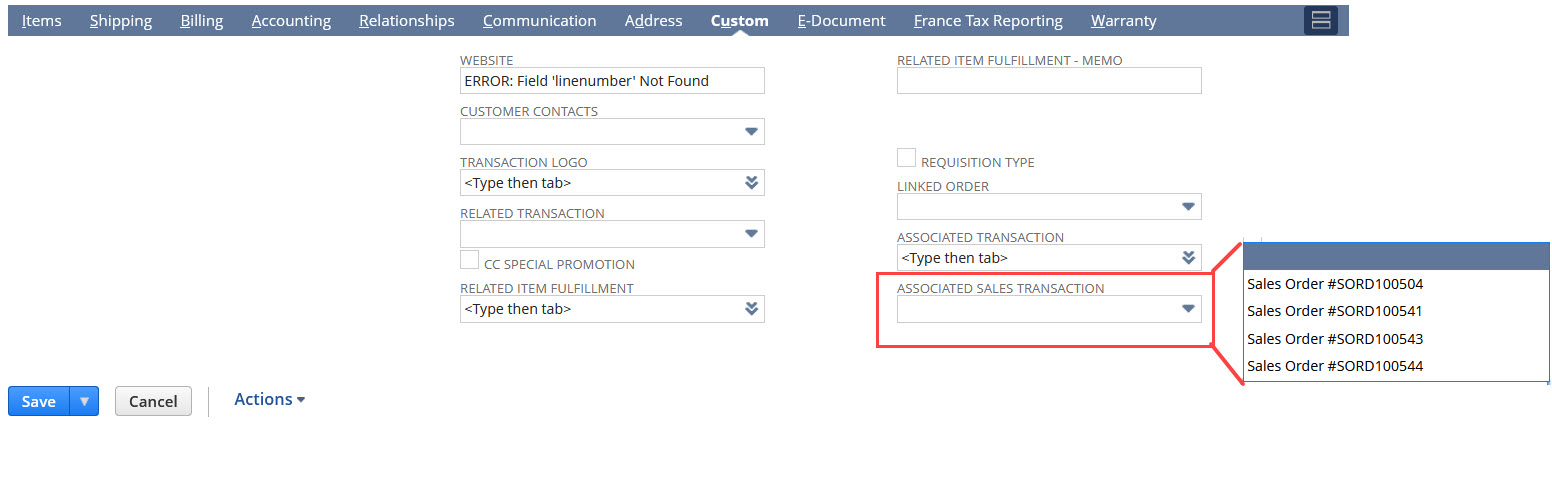 Associated Sales Transaction field on credit memo showing only sales orders for a customer.