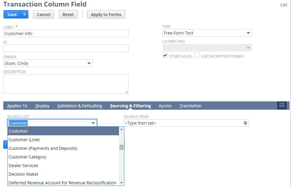 Transaction Column Field page with custom field applied to the Items sublist on Sale Order records.