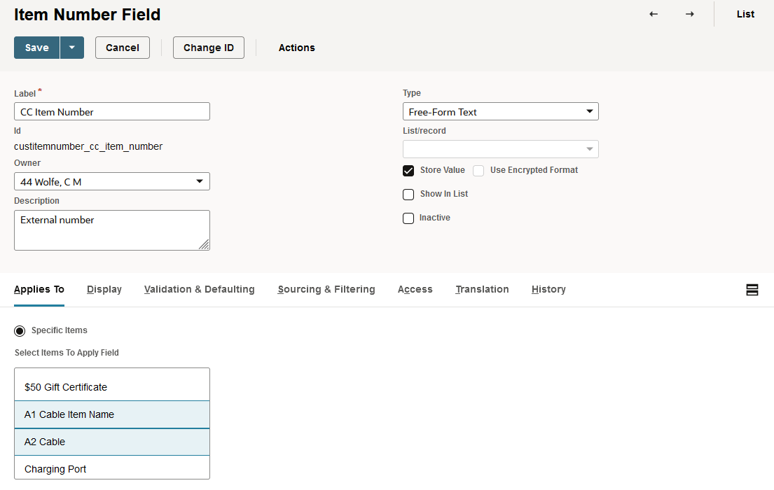 Item Number Field page