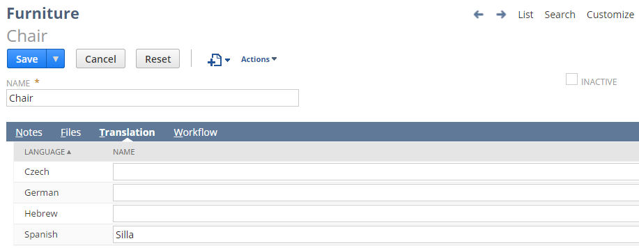 Sample custom record Translation subtab.