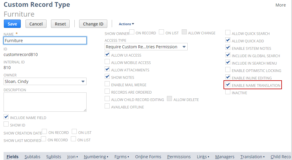 Sample Custom Record Type page with Enable Name Translation box highlighted.