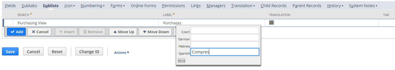 Sample custom record Sublists subtab showing translation definition.
