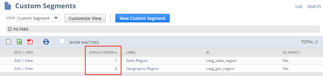 Custom Segments page highlighting numbered display order.