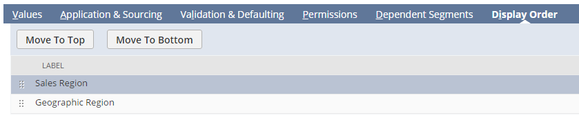 Display Order subtab listing active custom segments in display order.