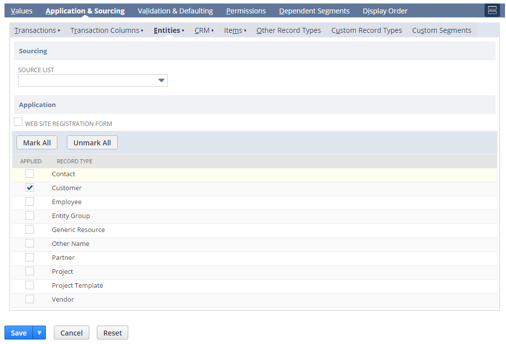 Application & Sourcing Entities subtab showing Customer box checked.