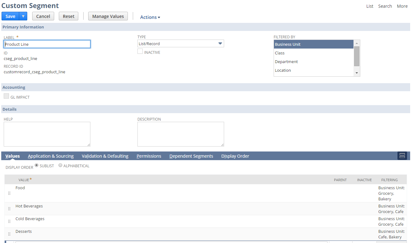Sample Custom Segment page showing filtering by Business Unit.